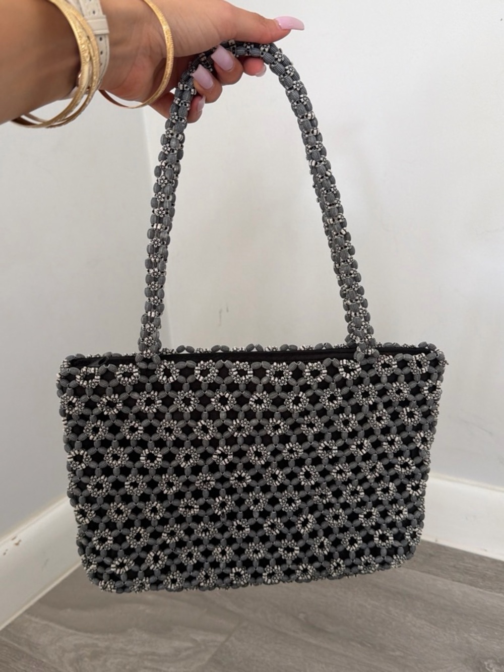 Graphic Beaded Mesh Shoulder Bag in Charcoal Gray